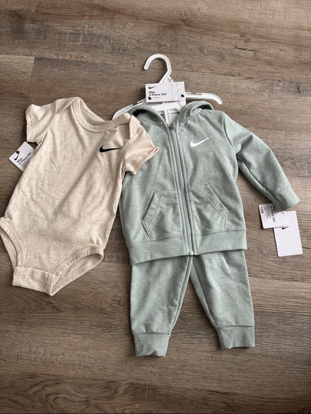 Nike 3pcs Sage Green Hoodie & Pants Set with Cream Bodysuit